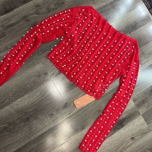 SHEIN Red Pearl-Studded Blouse